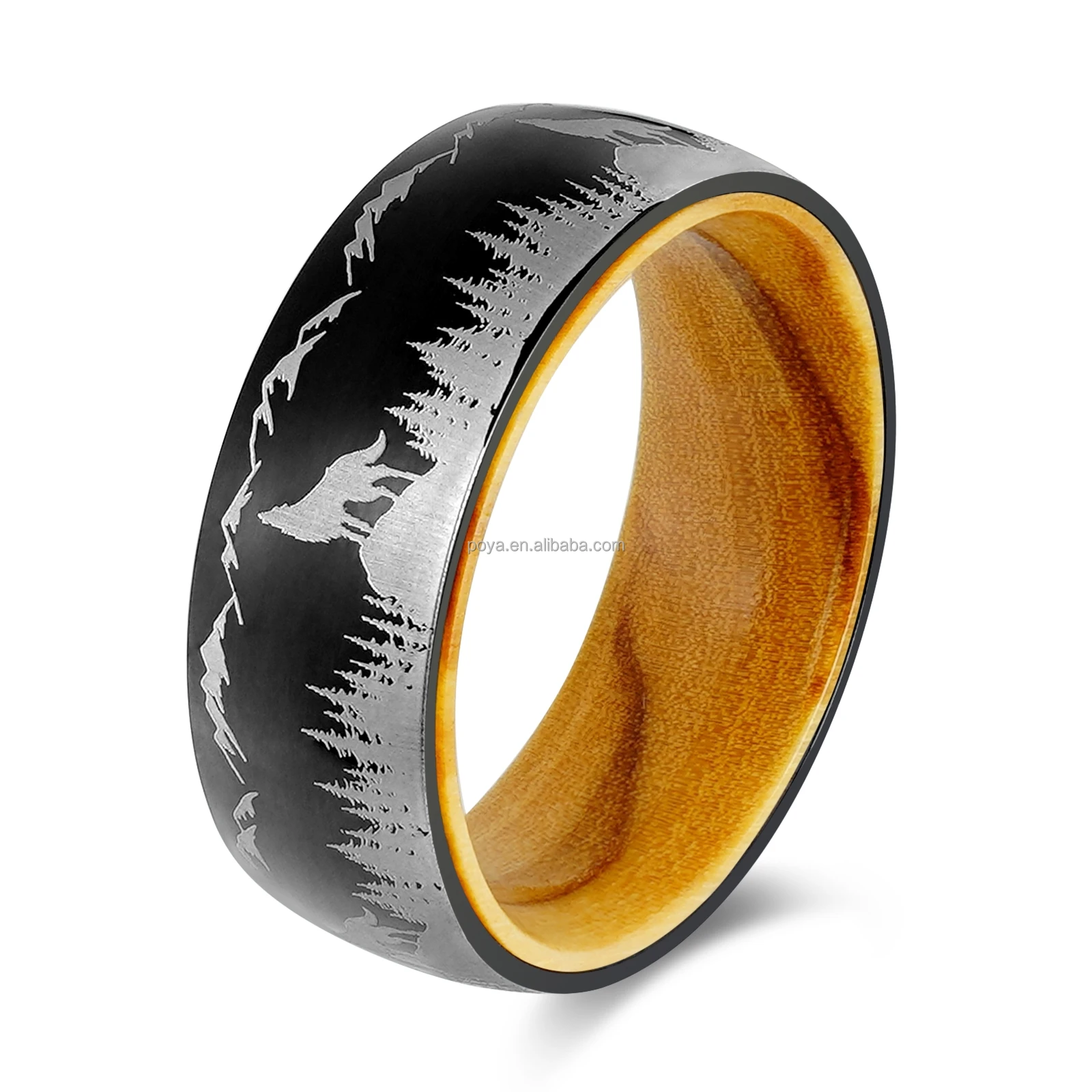 POYA 8mm Oliver Wood Liner Black Stainless Steel Ring With Laser  White Wolf and Forest