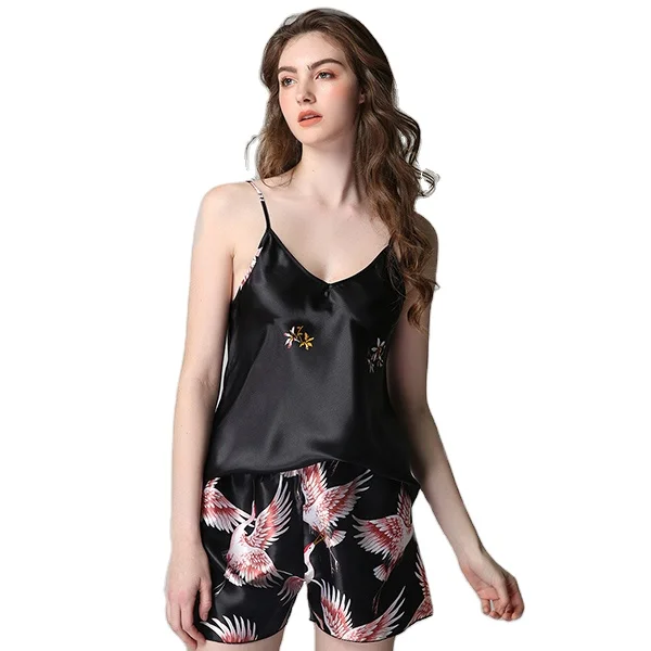 

High quality European and American vest cartoon cool collar sleeveless women's pajamas washable silk pajamas