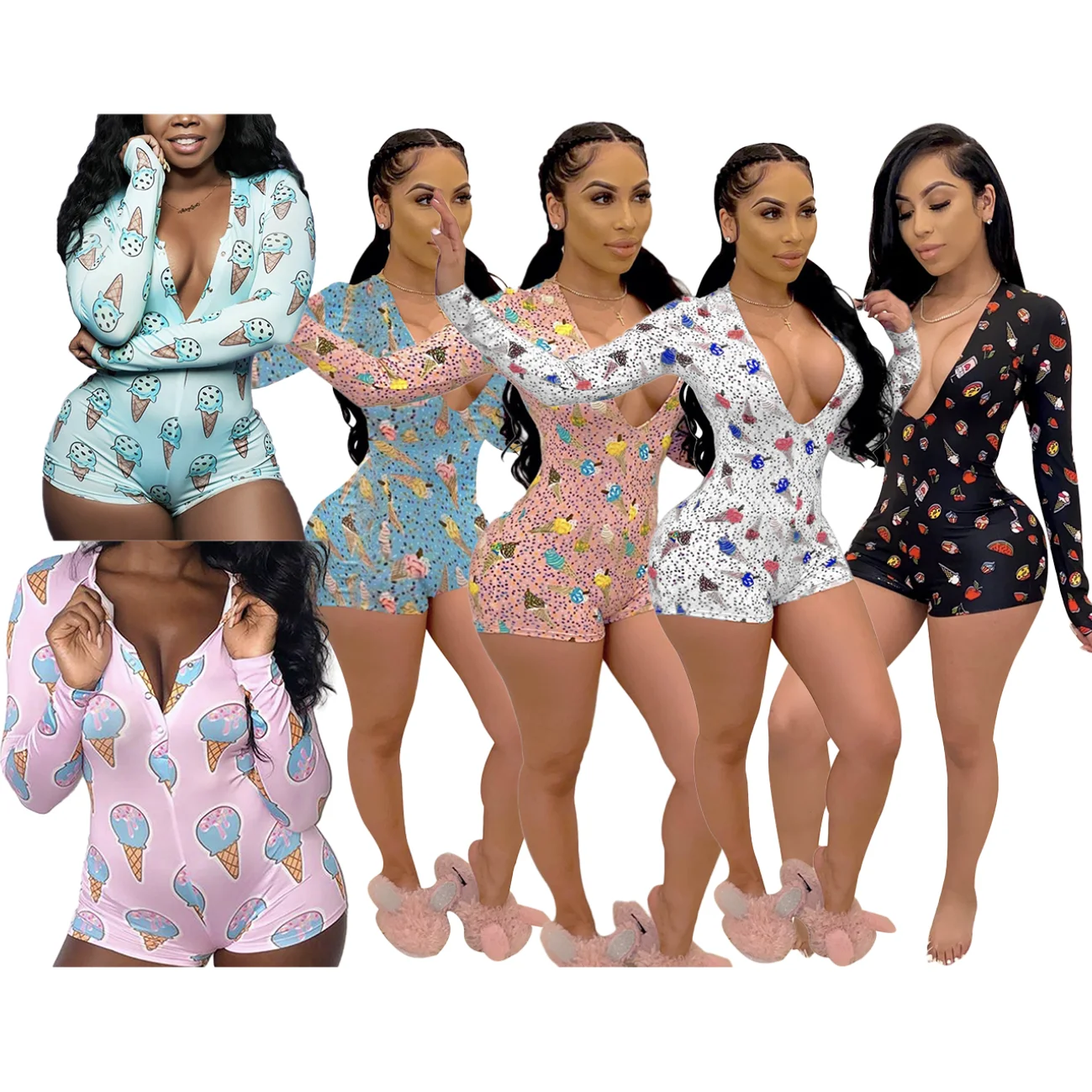 

High Elastic Adult Romper Pajamas Onesie Front Open Button Women Long Sleeve Deep V Neck Ice Cream Onesie