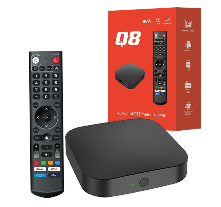 

Wholesale Q8 android tv box 2.4G 5G dual wifi Amlogic S905Y4 4G 32G AV1 4K Video player Set Top Box q8 android 11 smart tv box