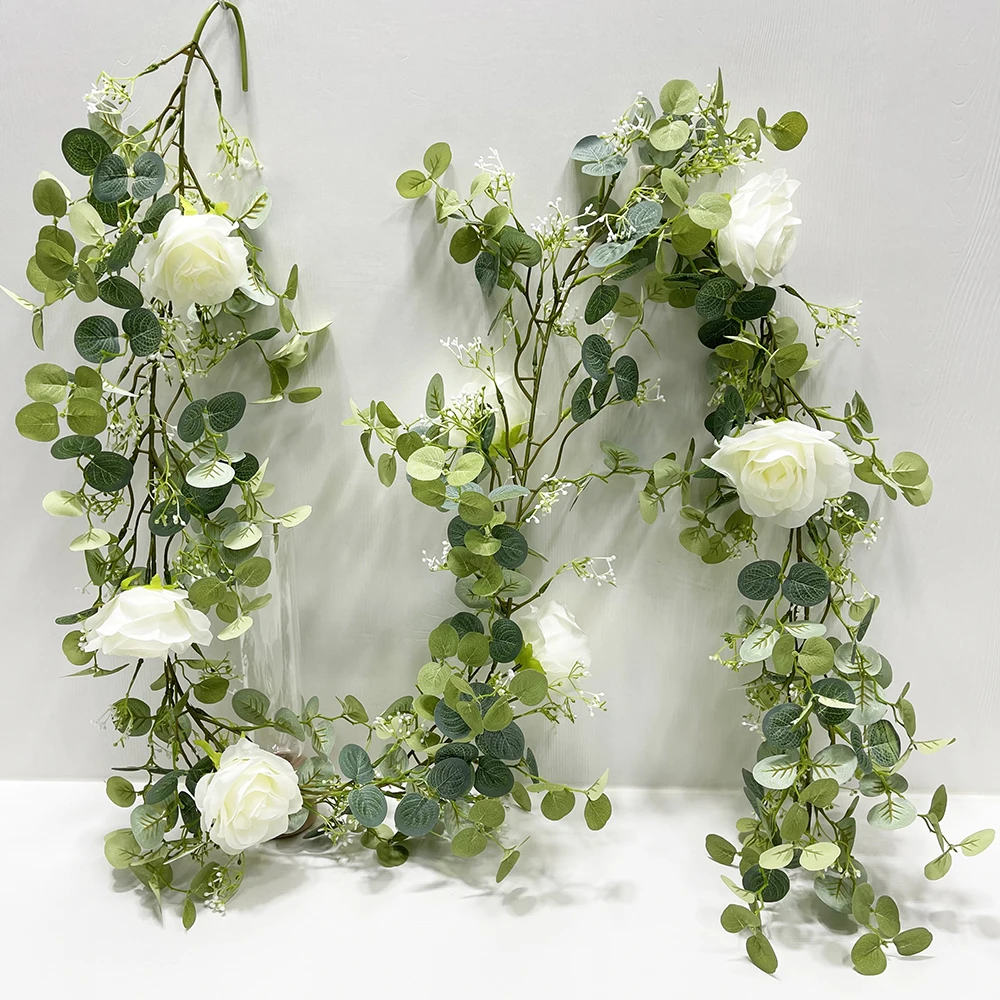 

Latest Artificial Pink Rose Silk White Flower Garland Hanging Vine Garland for Wedding Home Outdoor Arch Garden Wall Decoration, Green white or customized