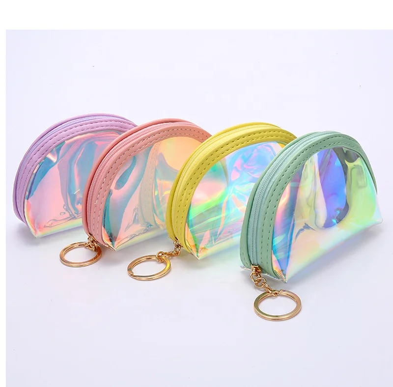 

Mini Girls Cute Custom Holographic Transparent Plastic PVC Bling Keychain Small Coin Purse