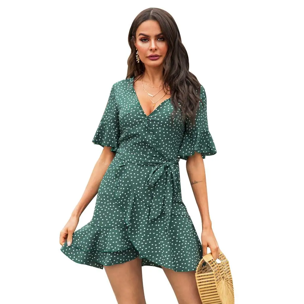 

2021 new style hot sale dress, ruffled green polka dot summer casual dress for women, mini V-neck short sleeves
