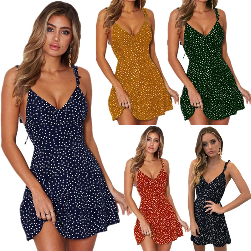 

Summer Women's Fashion New Sleeveless Polka Dot V Neck Strap Mini Backless Casual Top Dresses