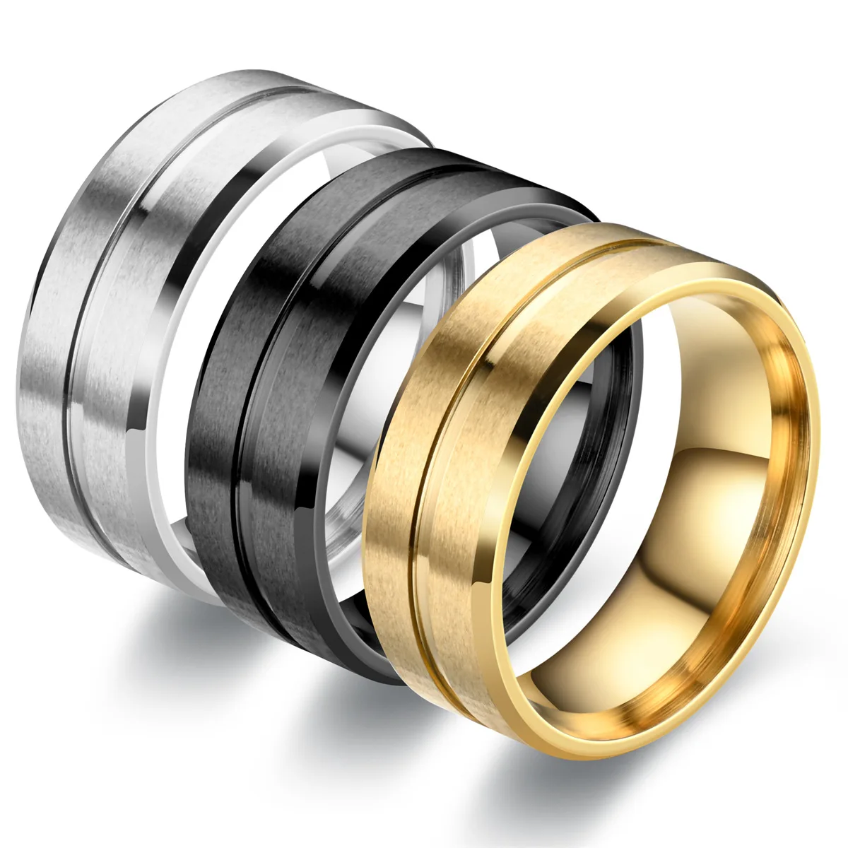 

8MM wide middle groove frosted men's stainless steel ring fashion jewelry