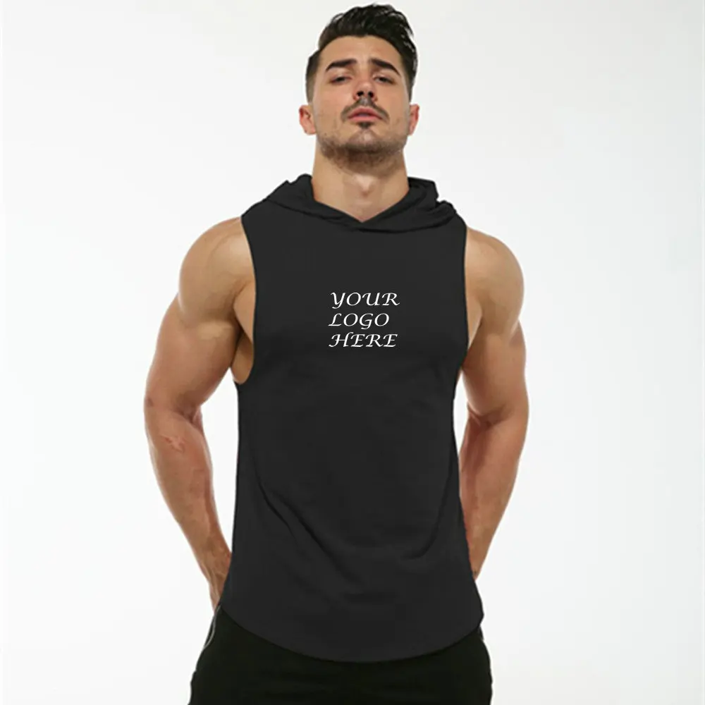 

OEM Custom Logo Printing Fitness Muscle Tank Top Curve Bottom Plain Sleeveless Gym Hoodie