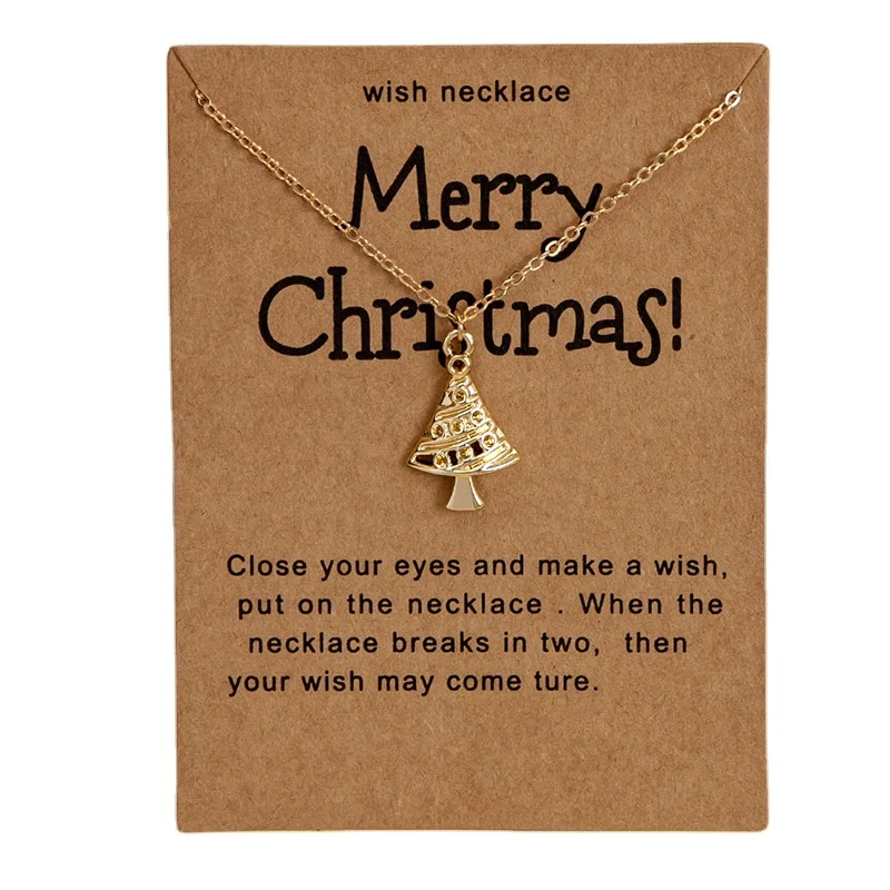 

Wholesale Elegant Wish Card Style Gold Plated Snowflake Tree Stocking Reindeer Pendant Women Girls Christmas Necklace Jewelry, Color plated as shown
