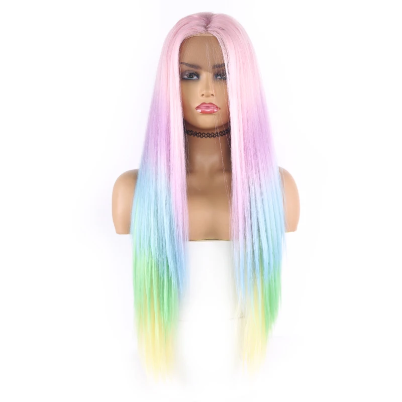 

new fancy color pink blue green yellow long body wave lace front wigs synthetic hair fiber lace wigs for women