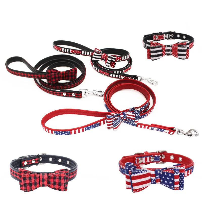 

New Style Double Layers plaid bow tie pet dog collars and leashes