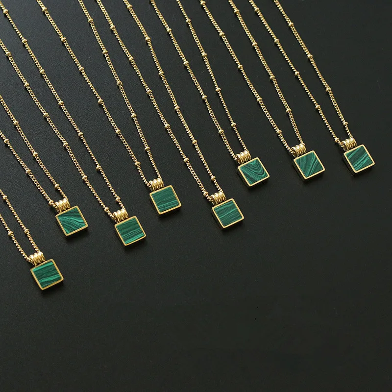 

18K Gold Plated Titanium Steel Round Beads Chain Clavicle Necklace Retro Geometric Square Malachite Pendant Necklace