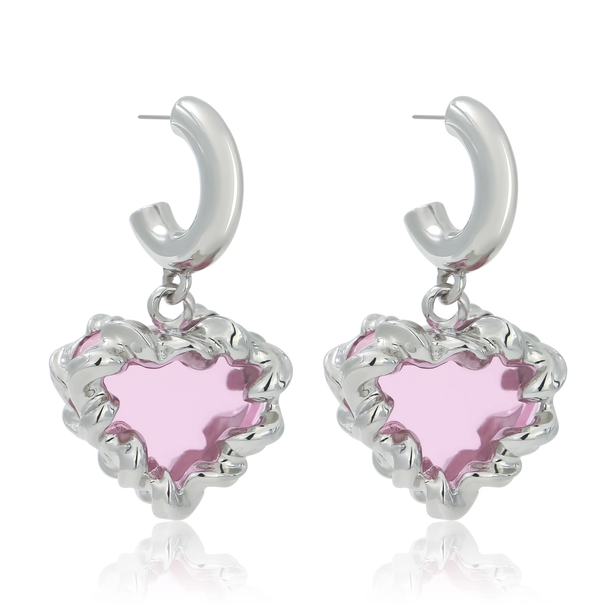 

New Arrival 2022SS Pink Heart Synthetic CZ stone Glass Hoop Pendant Earrings Women Gift Punk Jewelry