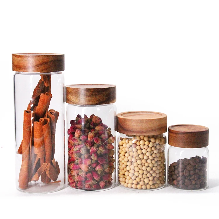 

Food Storage Jar With Wooden Lid Glass Airtight Seal Clear Food Canister Serving Borosilicate Glass Storage Jar, Customized
