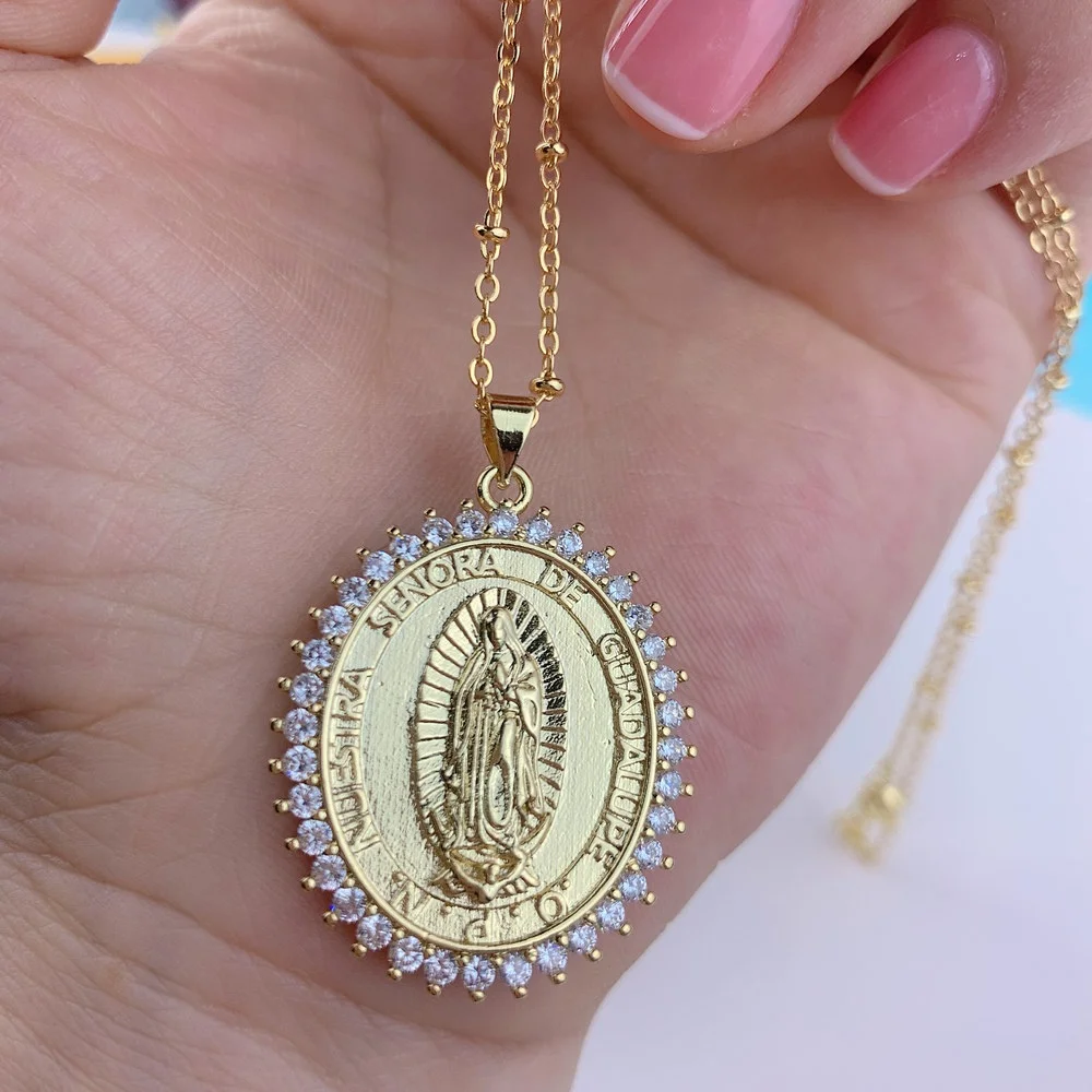 

Wholesale Dainty Metal Zircon Oval Virgin Mary Pendant Necklace For Women