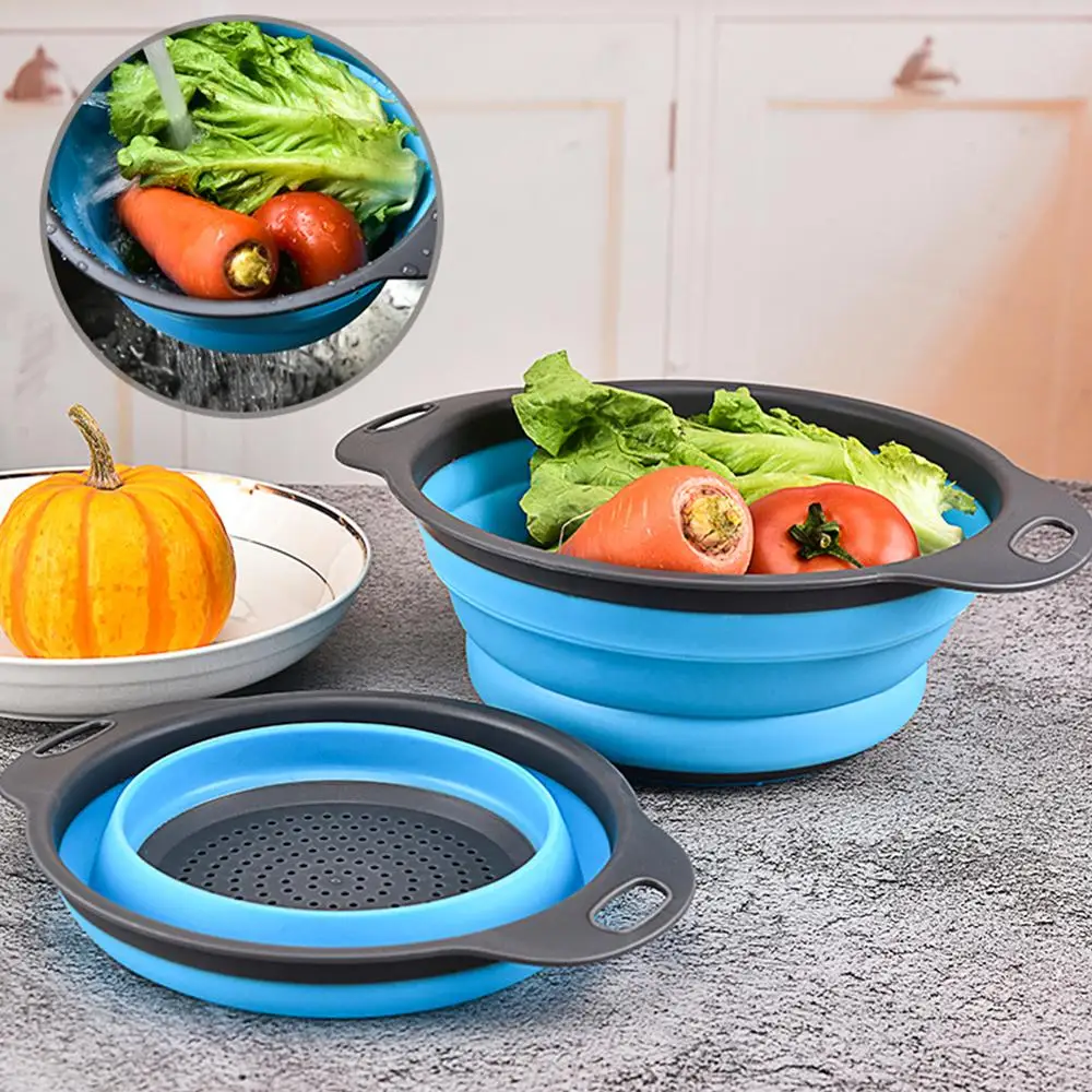 

2 Pcs Collapsible Silicone Colander Foldable Drain Strainer Basket Fruit Vegetable Washing Basket Strainer with Handle Kitchen, Red, green,orange,blue