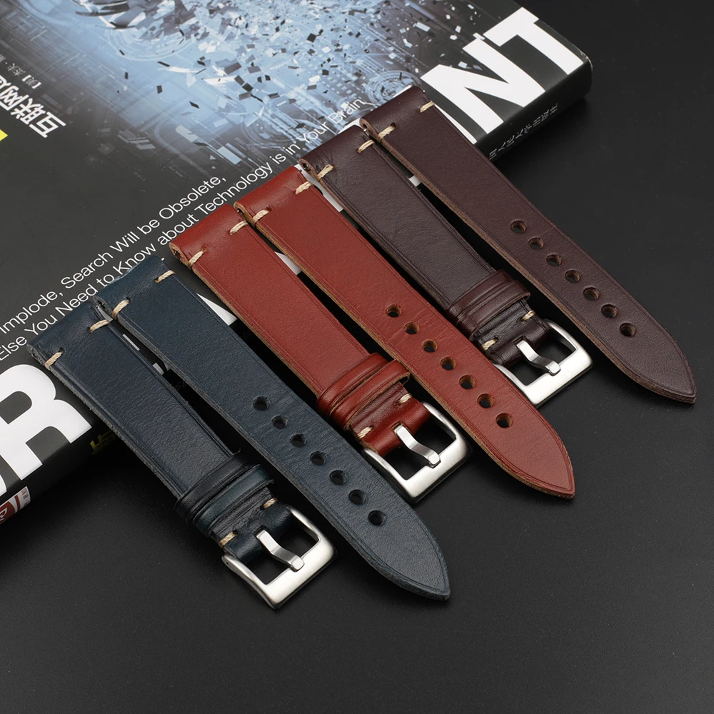 

20 / 22 / 24 / 26mm brown hand tanned vegetable full grain leather watch band with unique line, Red green blue champagne