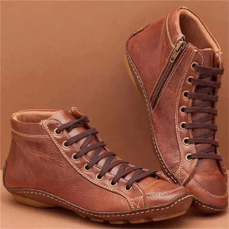 

New Autumn Women's Round Toe Casual Women's Leather Boots Front Lace-up Martin Boots Low Heel Women's Boots