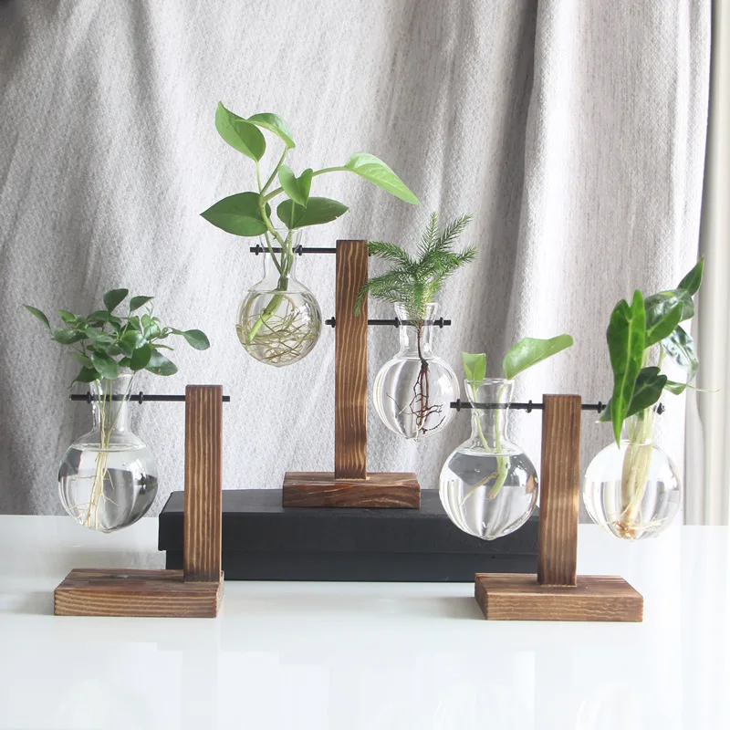 

Glass Vase Home Decoration Wooden Stand Vase Desktop Creative Hydroponic Home Garden Office Wedding Decoration Creative Clear