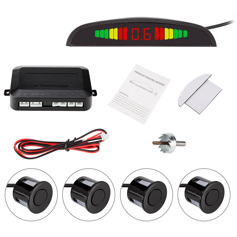 Écran LED GISION 4 capteurs Système de stationnement de voiture Détecteur de voiture Inverser le radar de secours Capteurs Parktronic Sans fil Color : Black 6 couleurs. 