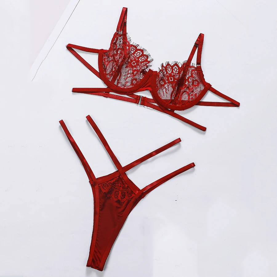 

Thong Lingerie Sexy Women Set China Clip Dot Lace Factories Ladies Red Color Two Piece Wholesale Lingerie Bras 4 Set Underwire, Red / black color as pictures