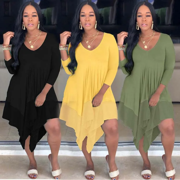 

2021 wholesale new solid color irregular hem chiffon patchwork casual long sleeve fashion woman dress