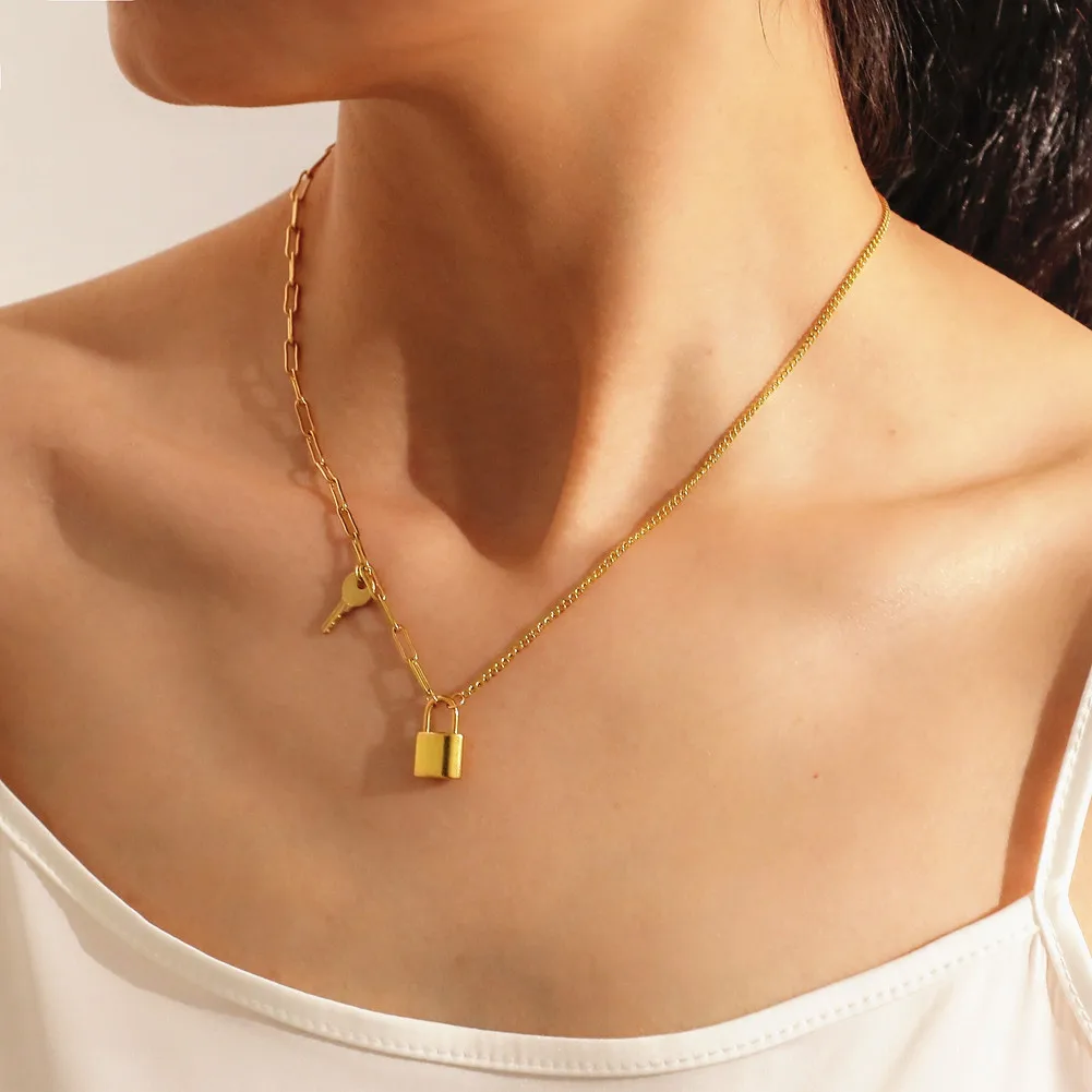 

High Quality and No fading Stainless Steel Gold Necklace Lock And Key Necklace Jewelry For Women, As pic shown