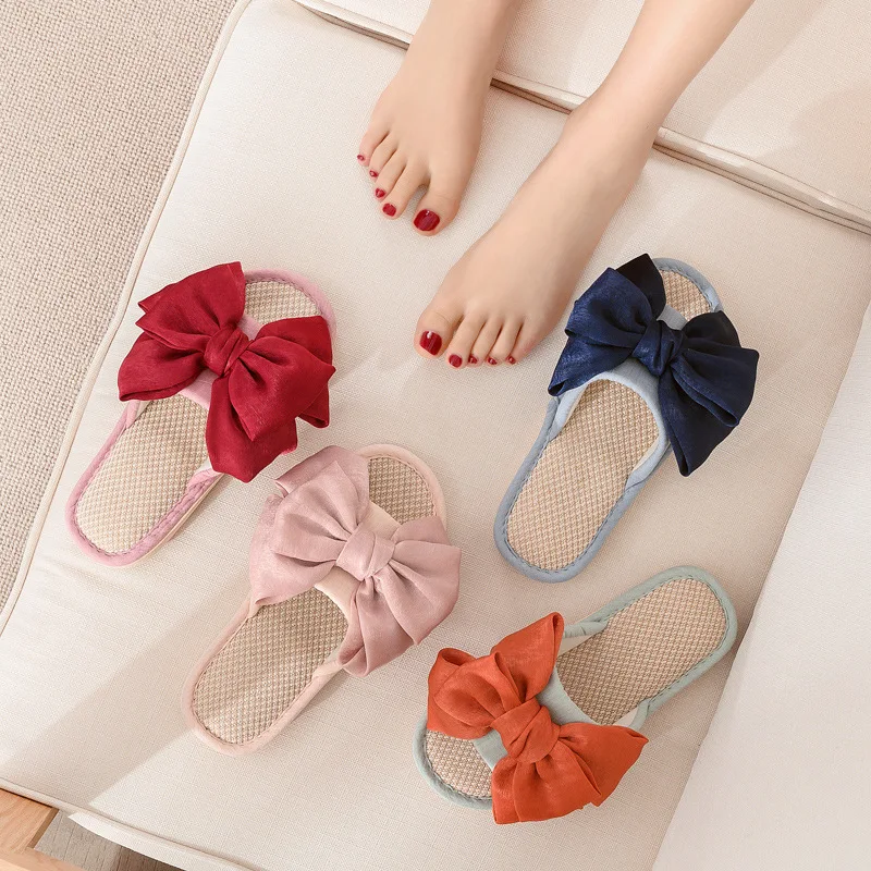 

Dropshipping slip on flat slide bow design indoor womens slides rubber outsole slides slippers