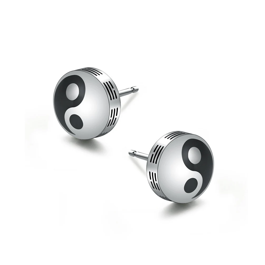 

Retro China Tide Taoism Tai Chi Bagua Yin Yang Fish Titanium Steel Stud Earrings Chinese Style Traditional Character Earrings, Black