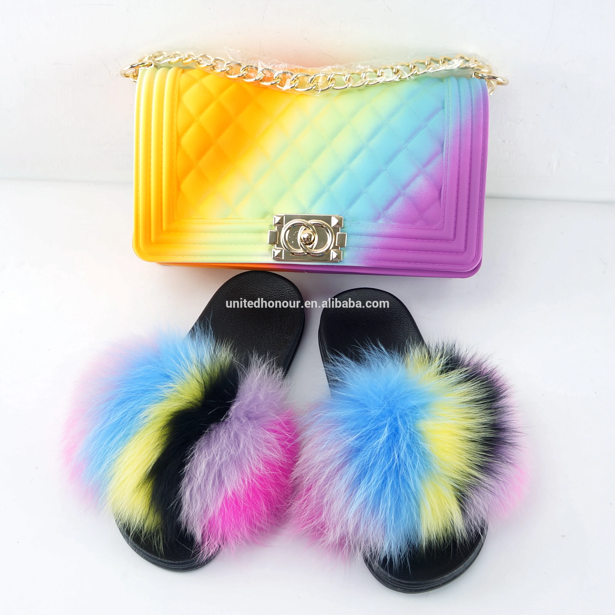 

China wholesale women fur slipper shoe and chain handbag sets, Choice