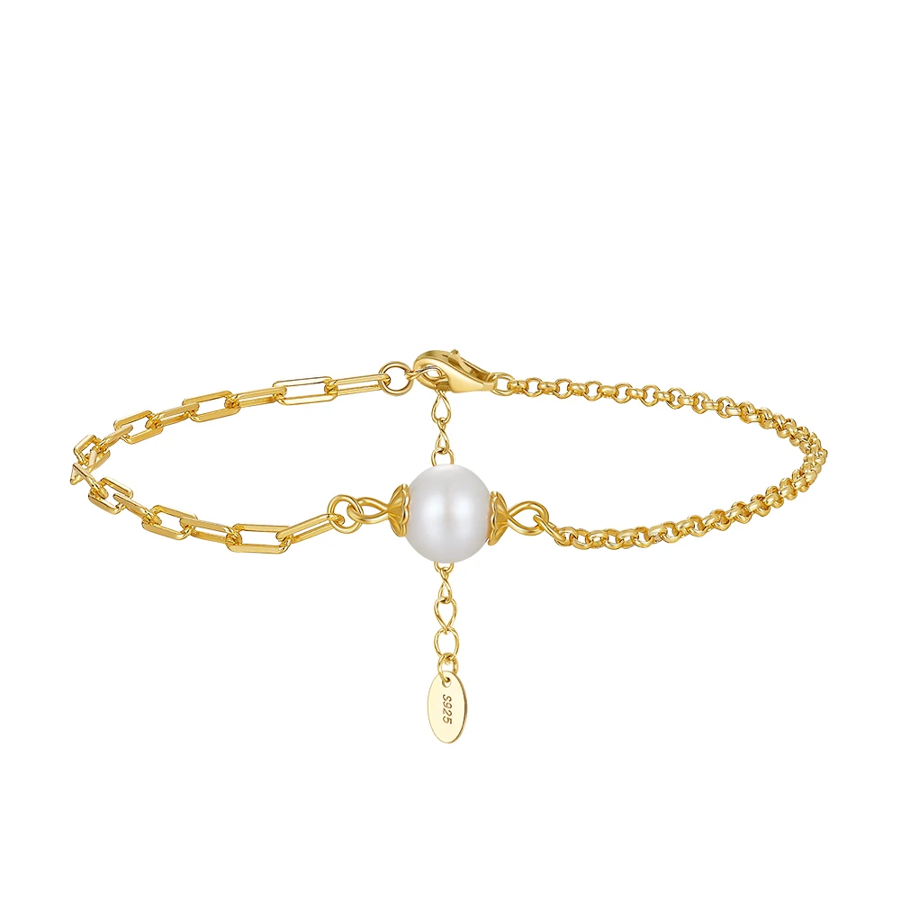 GPB33 RINNTIN 14K Gold Plated 925 Sterling Silver Paperclip Circle Rolo Link Pearl Cultured Freshwater Pearl Women Bracelet