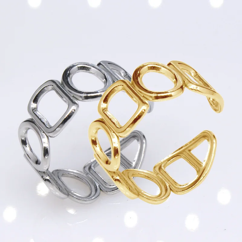 Wholesale Hollow Round Square Ring Adjustable Gold Plated Stainless Steel Wedding Rings For Women And Men