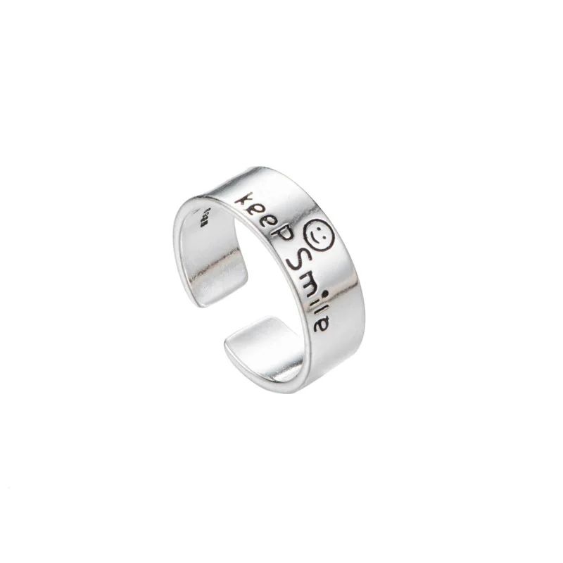 Women's Vintage Style Silver Adjustable Anti-Allergy Ring Open Smiling Face Letter Design Factory Wholesale Fashion Jewelry