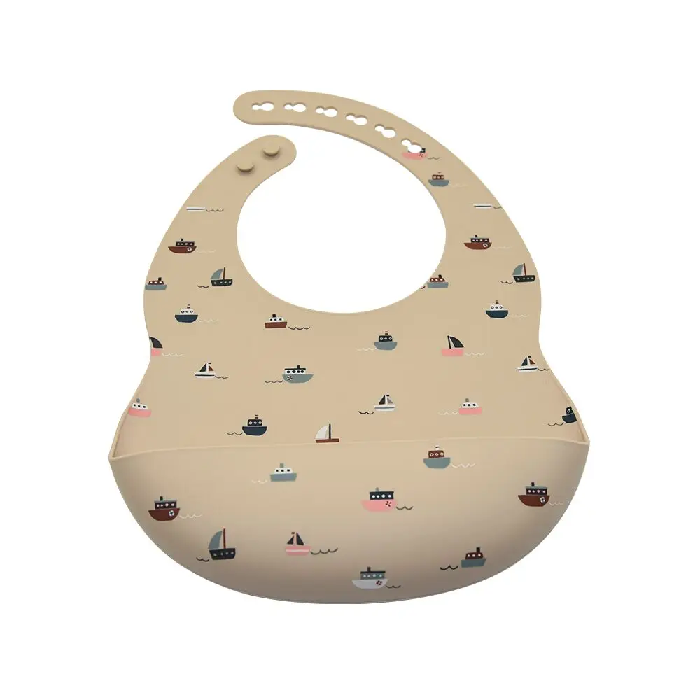 

Custom Logo Pattern Printing Waterproof Roll Up Silicone Baby Bib with Catcher Pocket for Kid Children, Blue, pink, light green, customized