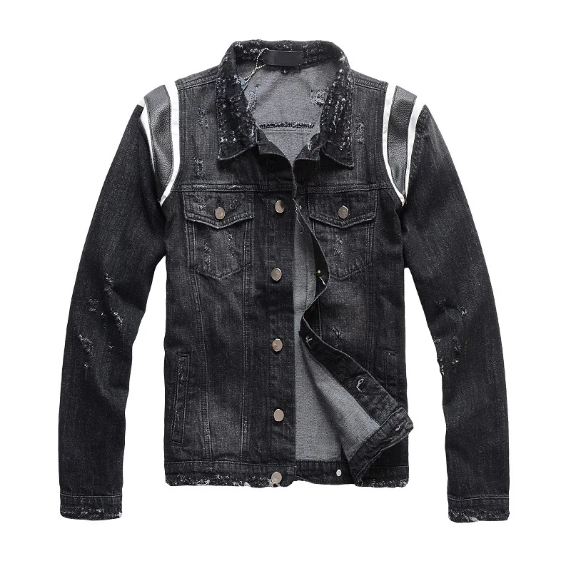 

New France Style #411 Mens Distressed Destroyed Leather BaseBall men denim jacket coat
