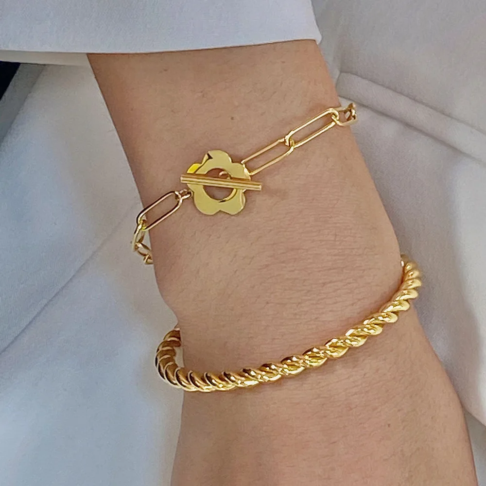 

18k gold plated women jewelry twisted pulseras set rope chain braided open stainless steel bangle cuff bracelet