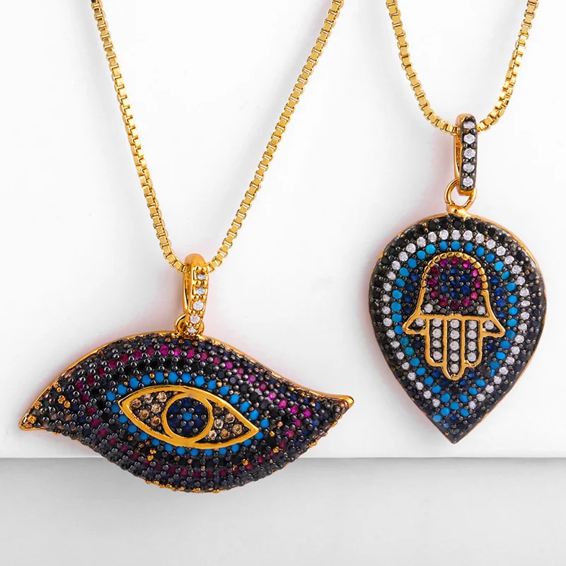 Mexico style hamsa necklace rainbow cz eyes pendant gold cubic zirconia pendant jewelry for men