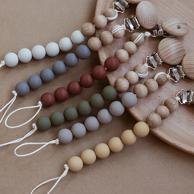 

Eco-Friendly Baby Silicone Wooden Bead Baby Dummy Pacifier Chain with Soft Toy