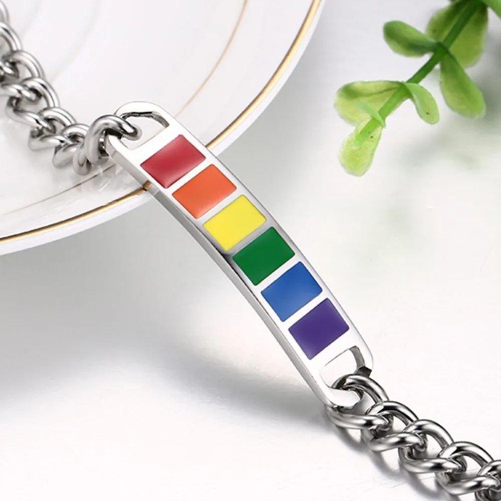 

Stainless Steel Enamel Rainbow Gay Pride Bracelet LGBT Gay Pride Rainbow Bar Bracelet, As picture shows