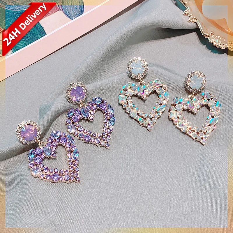 

HOVANCI 2021 Korean Fashion Sweet Heart Crystal Stud Earrings Women 925 Silver Needle Crystal Heart Earrings, As pictue show