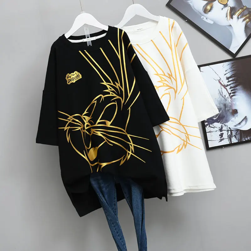 

2021 New Women's Large Size Half Sleeve Bottoming Shirt Bronzing Cartoon Pattern Thickened T-shirt Cotton Tee Basic Tops