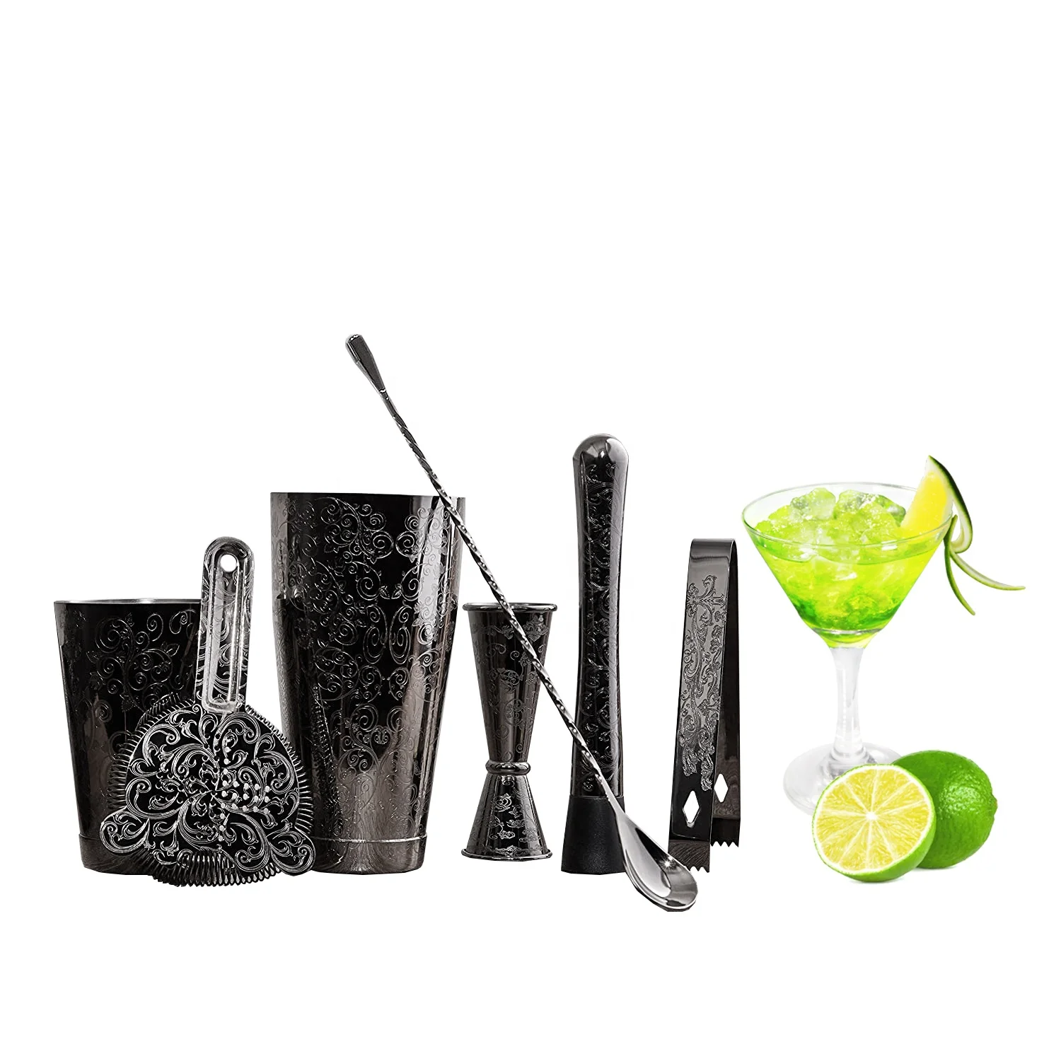 

New Arrival Etching Bar Tools Black Plated Cocktail Shaker Set For Bartender