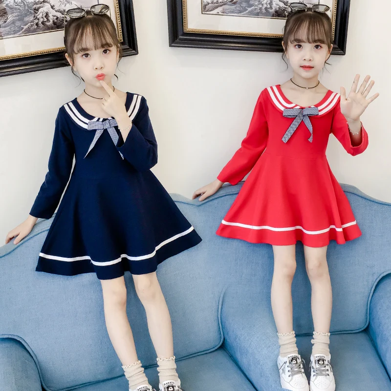 

preppy style Princess Dress Japanese Sailor Collar Navy Girl Cotton Long Sleeve Dress, Red;navy