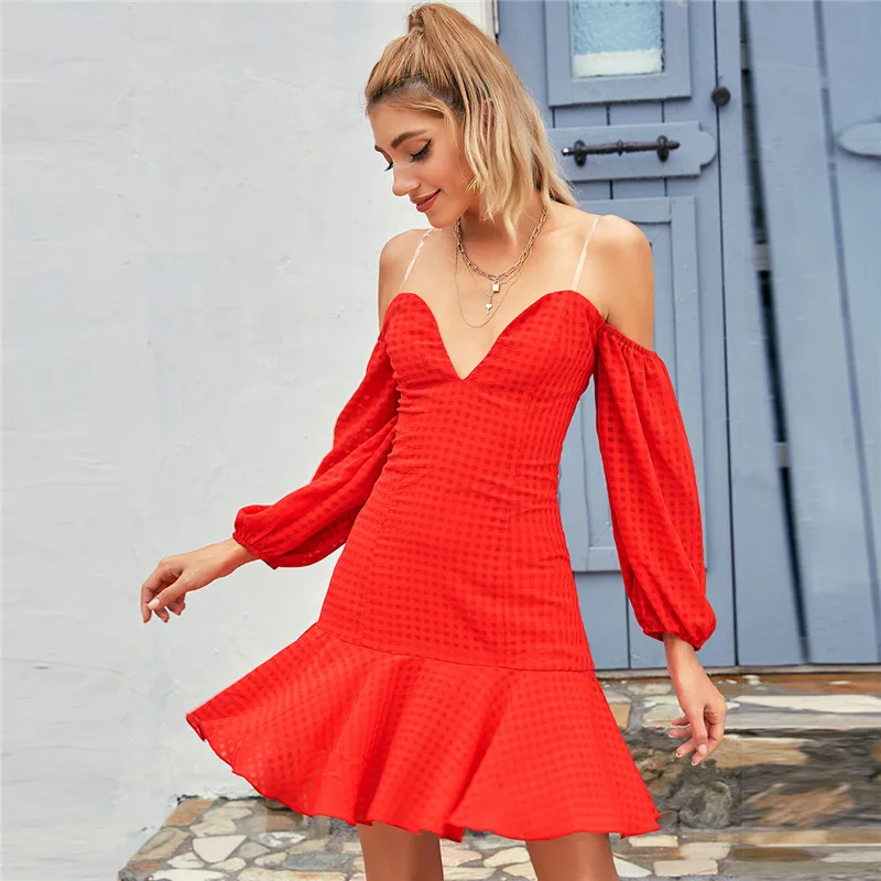 

DM Shein stock High quality Womens Neon Red Cold Shoulder Ruffle Hem casual Dress, Shown,or customized color,provide color swatches
