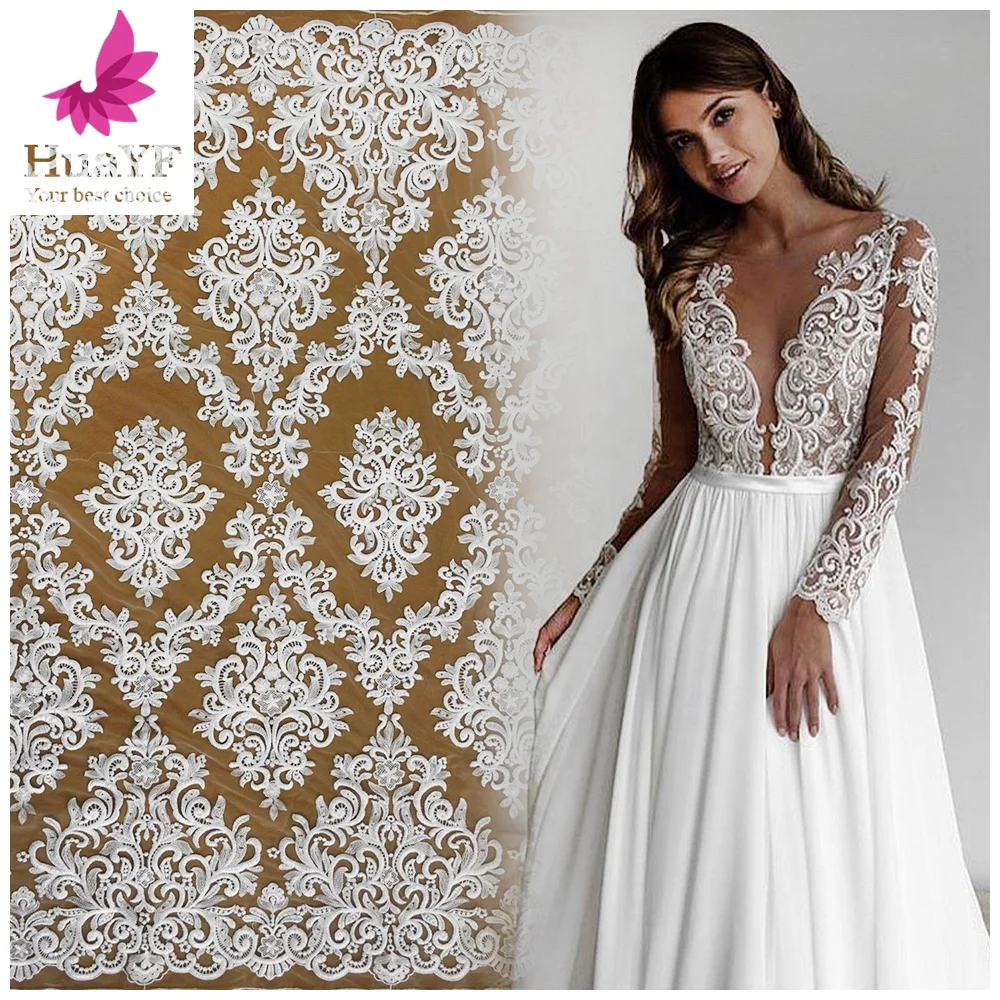 

Snow white bridal tulle wedding net embroidery lace dress fabrics HY1446-4