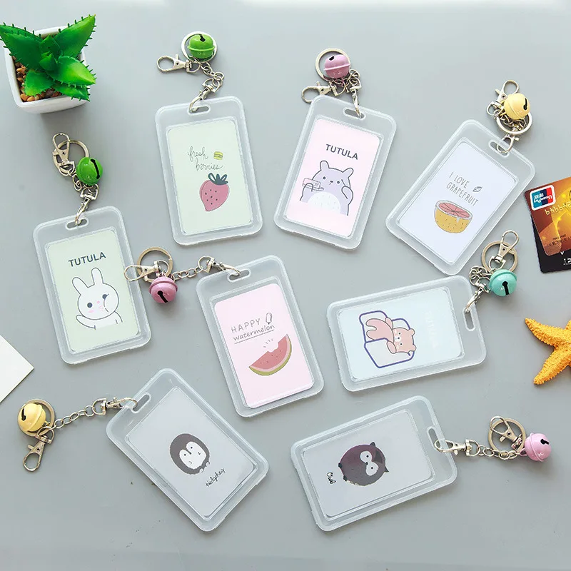 

Double sided transparent bus card case with Bell key chain female creative cartoon cute lunch card clip, As show