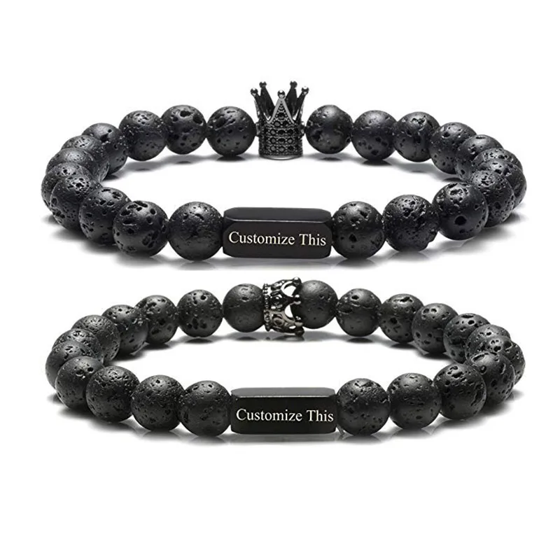 

New arrivals customized logo gemstone lava rock CZ crown bracelet gift women men couple bracelets
