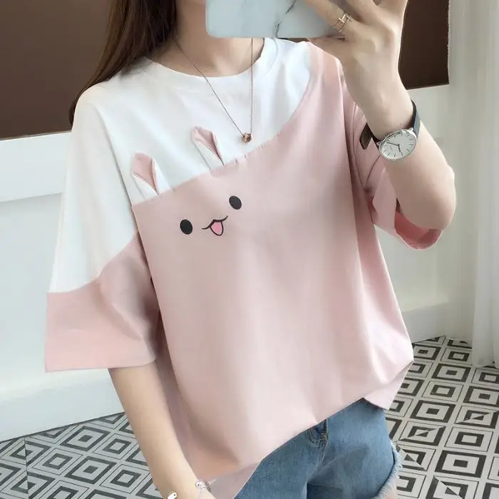 

Korean Summer 2021 New White Short Sleeve T-shirt Female Loose Round Neck Rabbit Embroidery Top Female