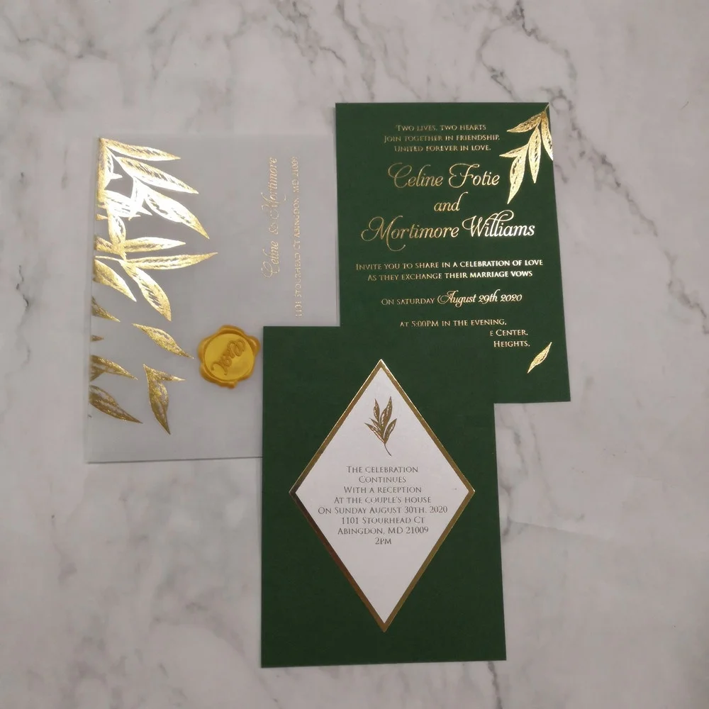 

Floral unique vellum wedding invitations card with leaves decoration and wax stamping