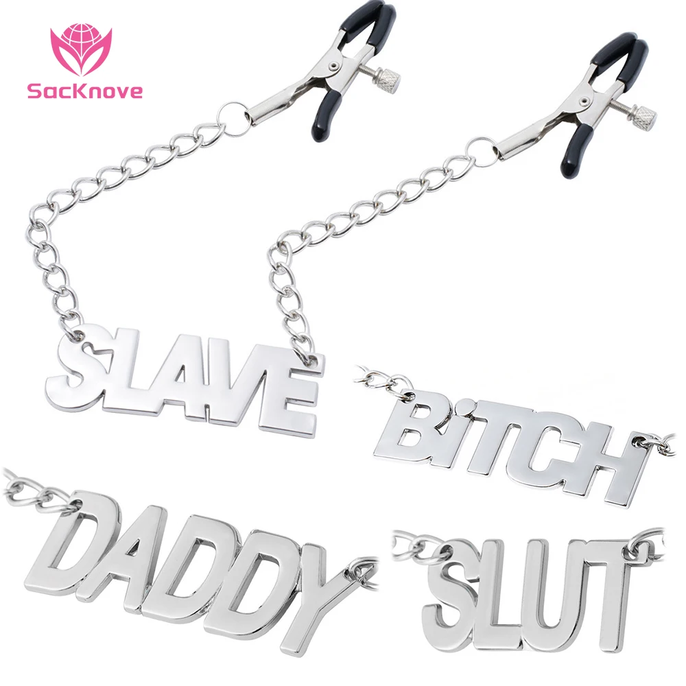 

SacKnove Flirting Adult Products SLAVE BITCH DADDY Letter Clip Stimulator Breast Pussy Vagina Sex Toy Metal Chain Nipple Clamps