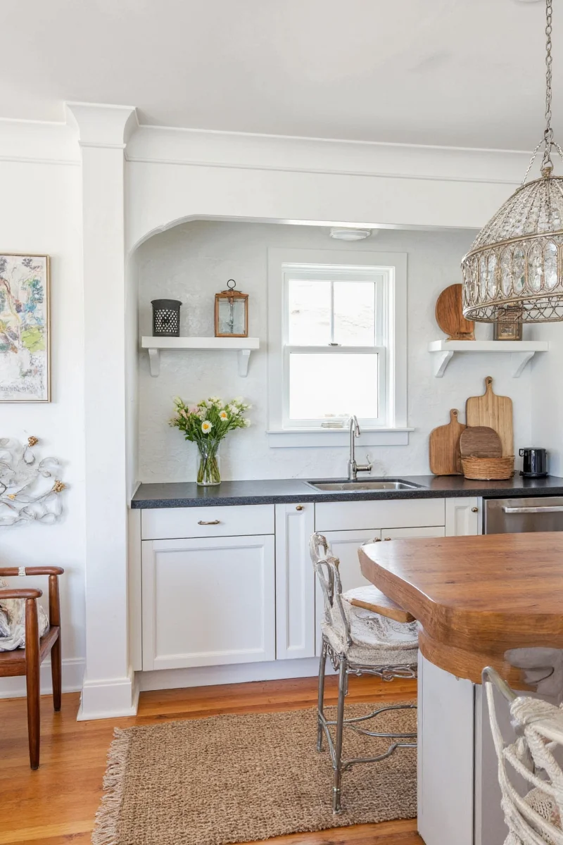 Wooden built-in shelves with decorative items and toy storage baskets.