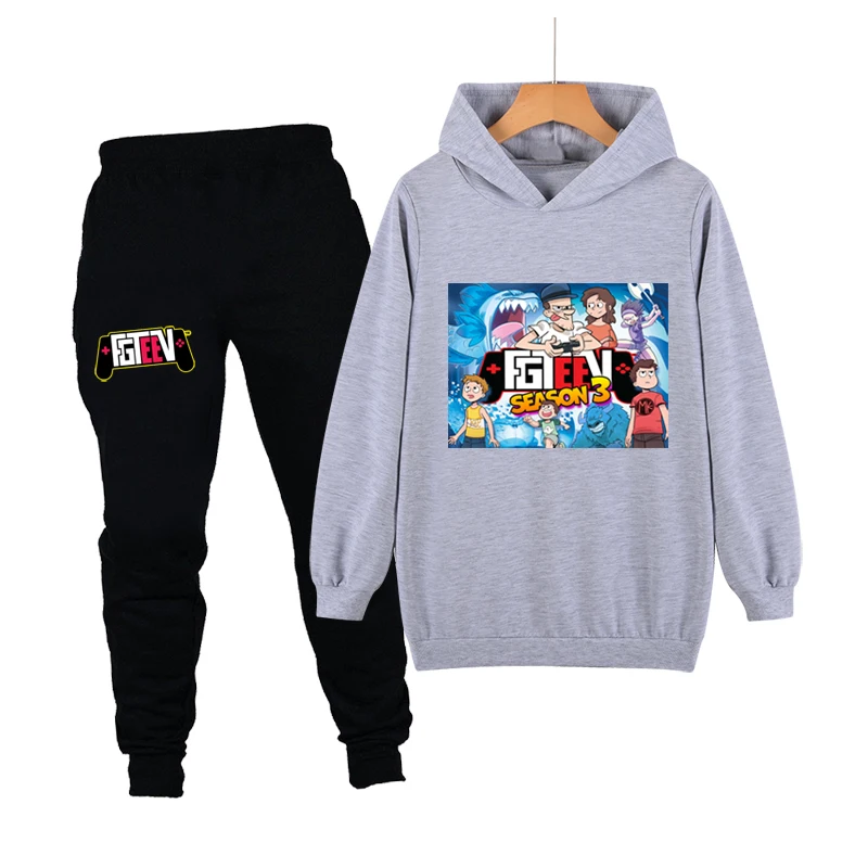 

2021 New Fashion Cartoon FGTEEV Printed Children Boys Girls Spring Fashion Long Sleeve Pullover Hooded Sweatshirt and Long Pants
